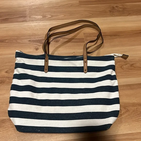 Sonoma Blue and White Striped Tote Bag with Leather Handles - Picture 2 of 5